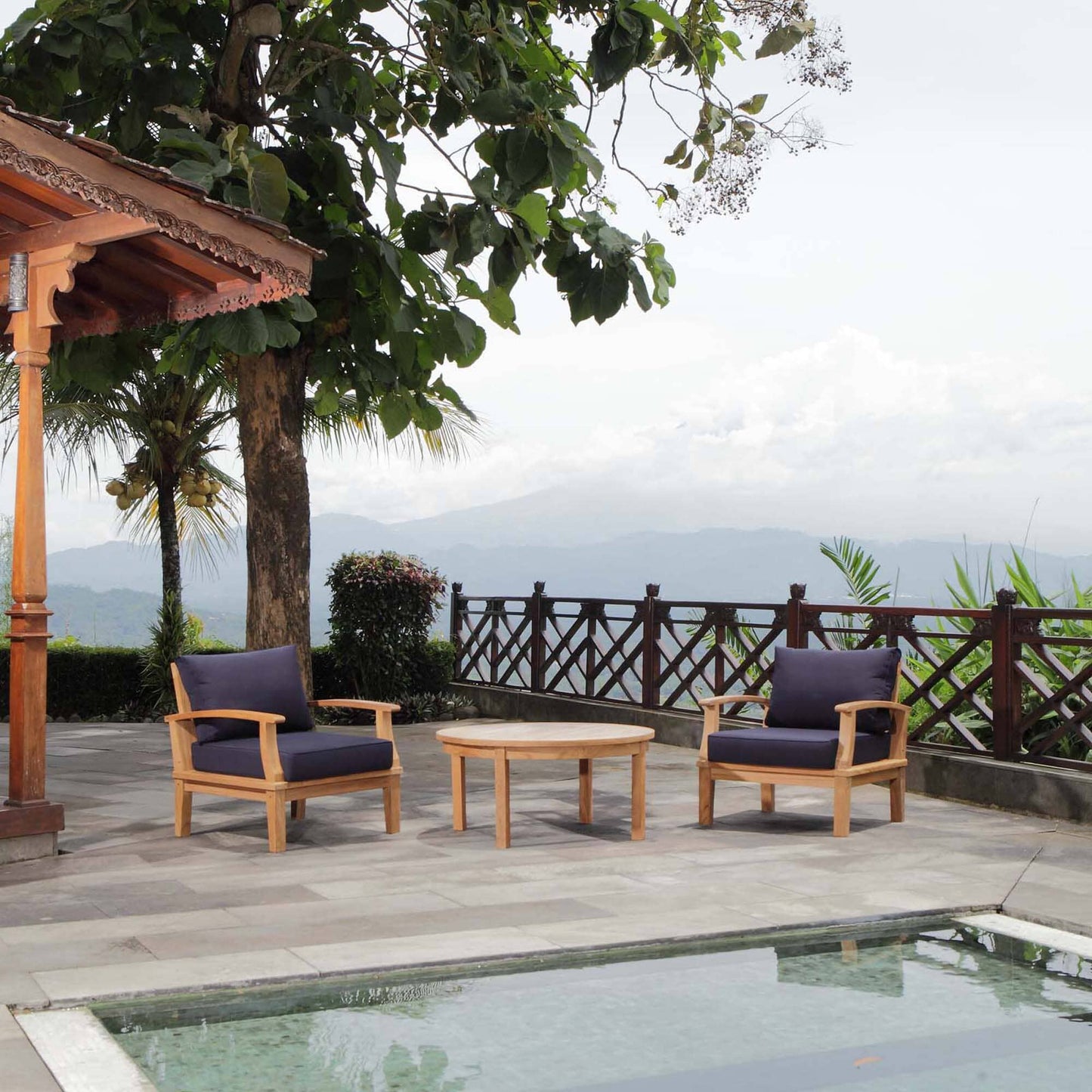 Marina 3 Piece Outdoor Patio Teak Conversation Set in Natural Navy by Modway Conversation Set Modway 