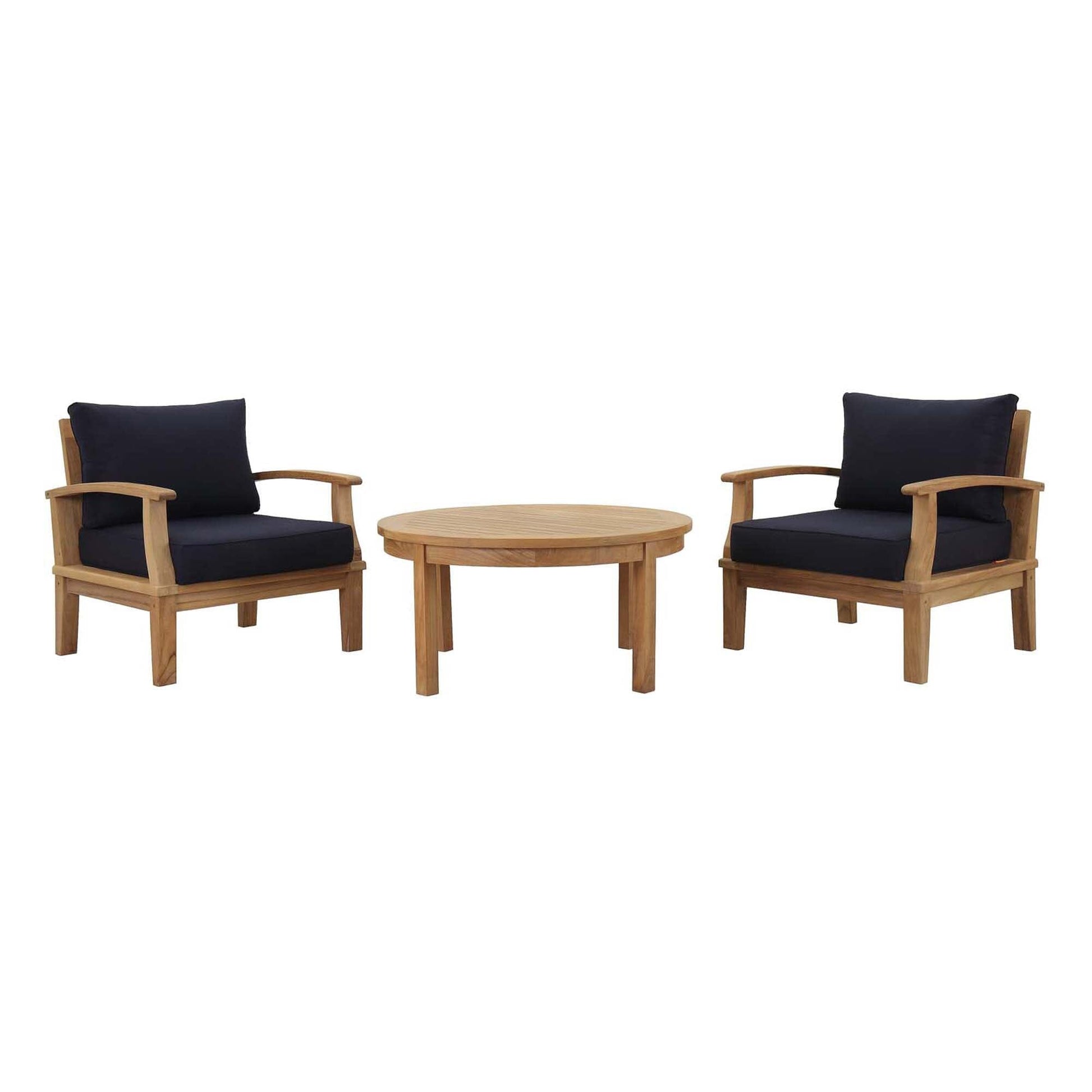 Marina 3 Piece Outdoor Patio Teak Conversation Set in Natural Navy by Modway Conversation Set Modway 