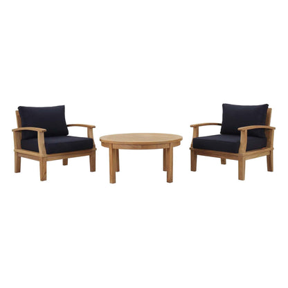 Marina 3 Piece Outdoor Patio Teak Conversation Set in Natural Navy by Modway Conversation Set Modway 