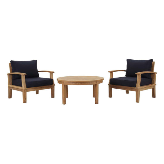 Marina 3 Piece Outdoor Patio Teak Conversation Set in Natural Navy by Modway Conversation Set Modway 