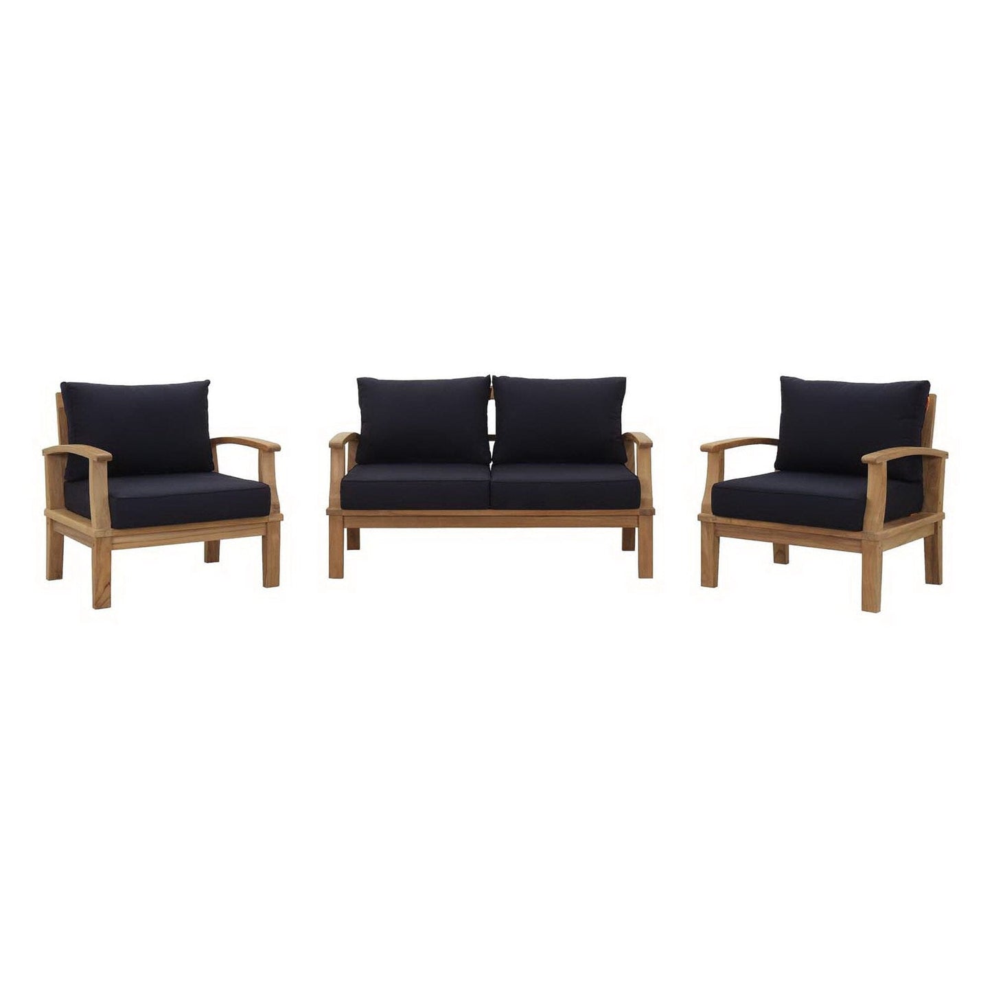 Marina 3 Piece Outdoor Patio Teak Conversation Set in Natural Navy by Modway Conversation Set Modway 