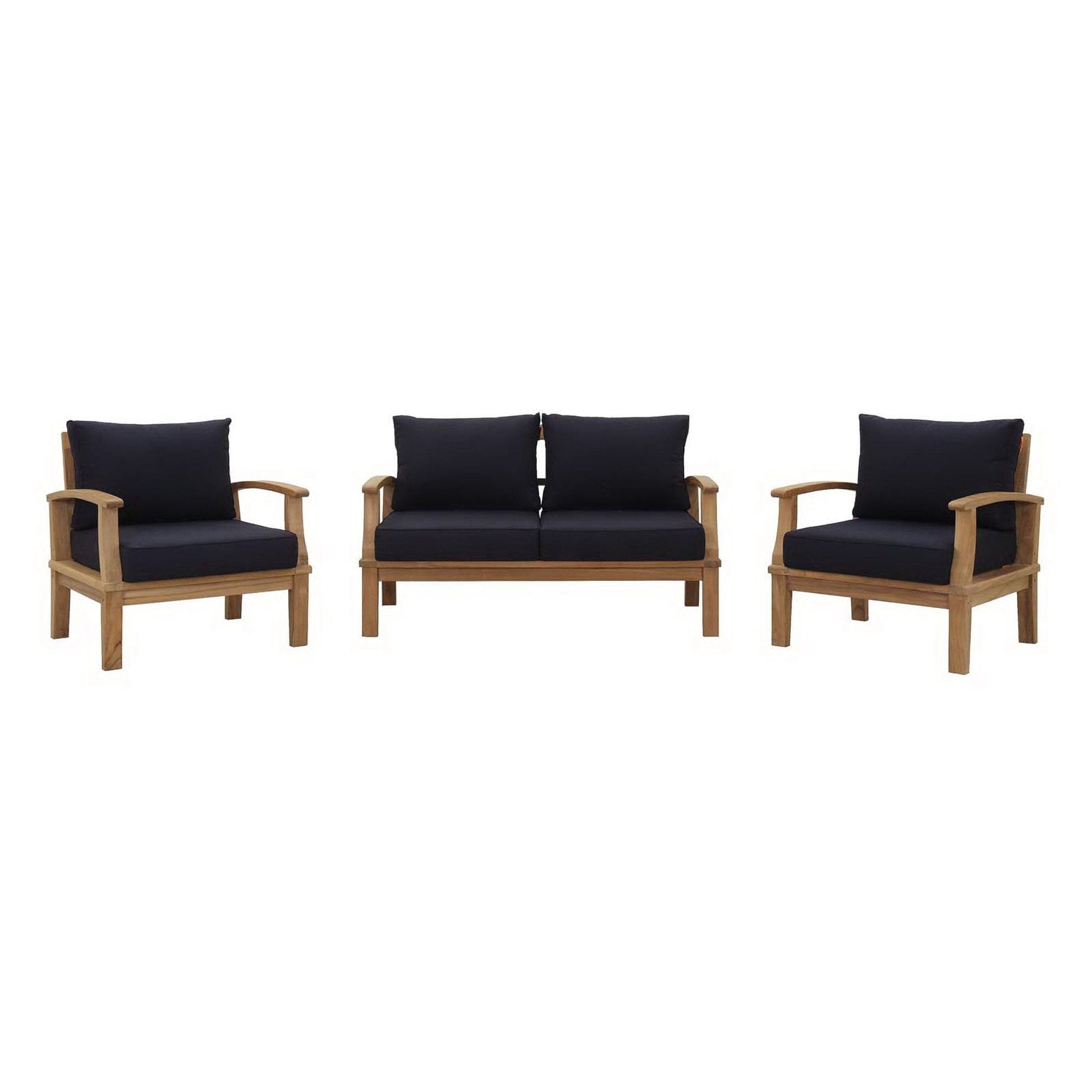 Marina 3 Piece Outdoor Patio Teak Conversation Set in Natural Navy by Modway Conversation Set Modway 