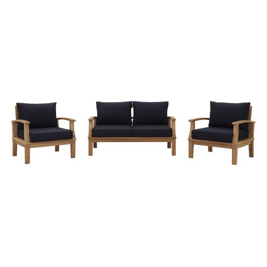 Marina 3 Piece Outdoor Patio Teak Conversation Set in Natural Navy by Modway Conversation Set Modway 