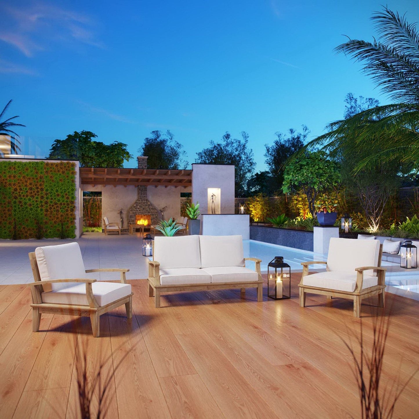 Marina 3 Piece Outdoor Patio Teak Conversation Set in Natural White by Modway Conversation Set Modway 