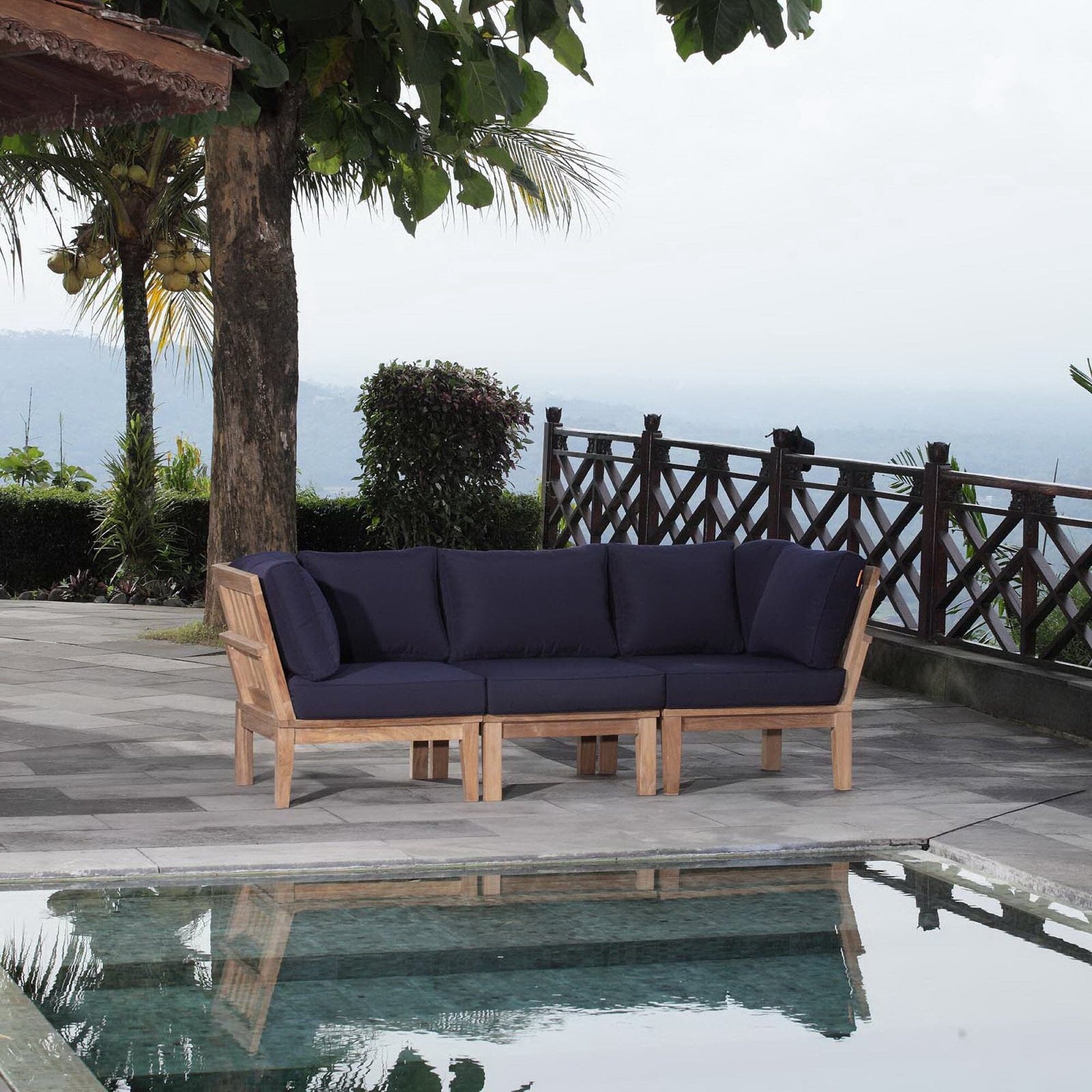 Marina 3 Piece Outdoor Patio Teak Furniture Set in Natural Navy by Modway (1820) Sectional Set Modway 