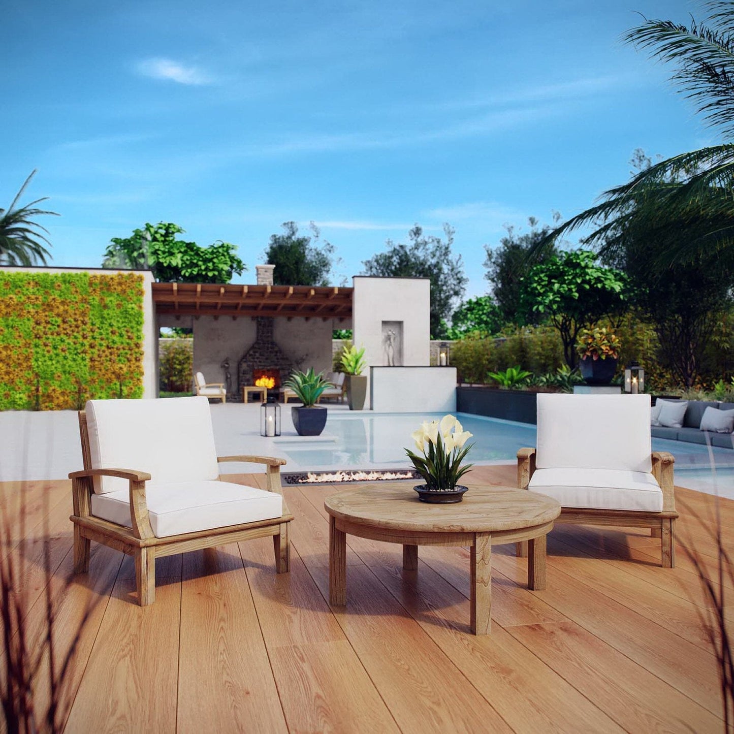 Marina 3 Piece Outdoor Patio Teak Furniture Set in Natural White by Modway Conversation Set Modway 
