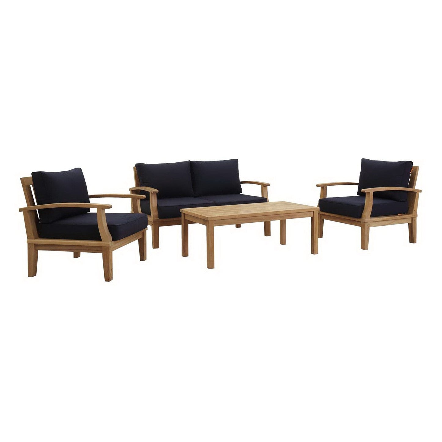 Marina 4 Piece Outdoor Patio Teak Conversation Set in Natural Navy by Modway Conversation Set Modway 