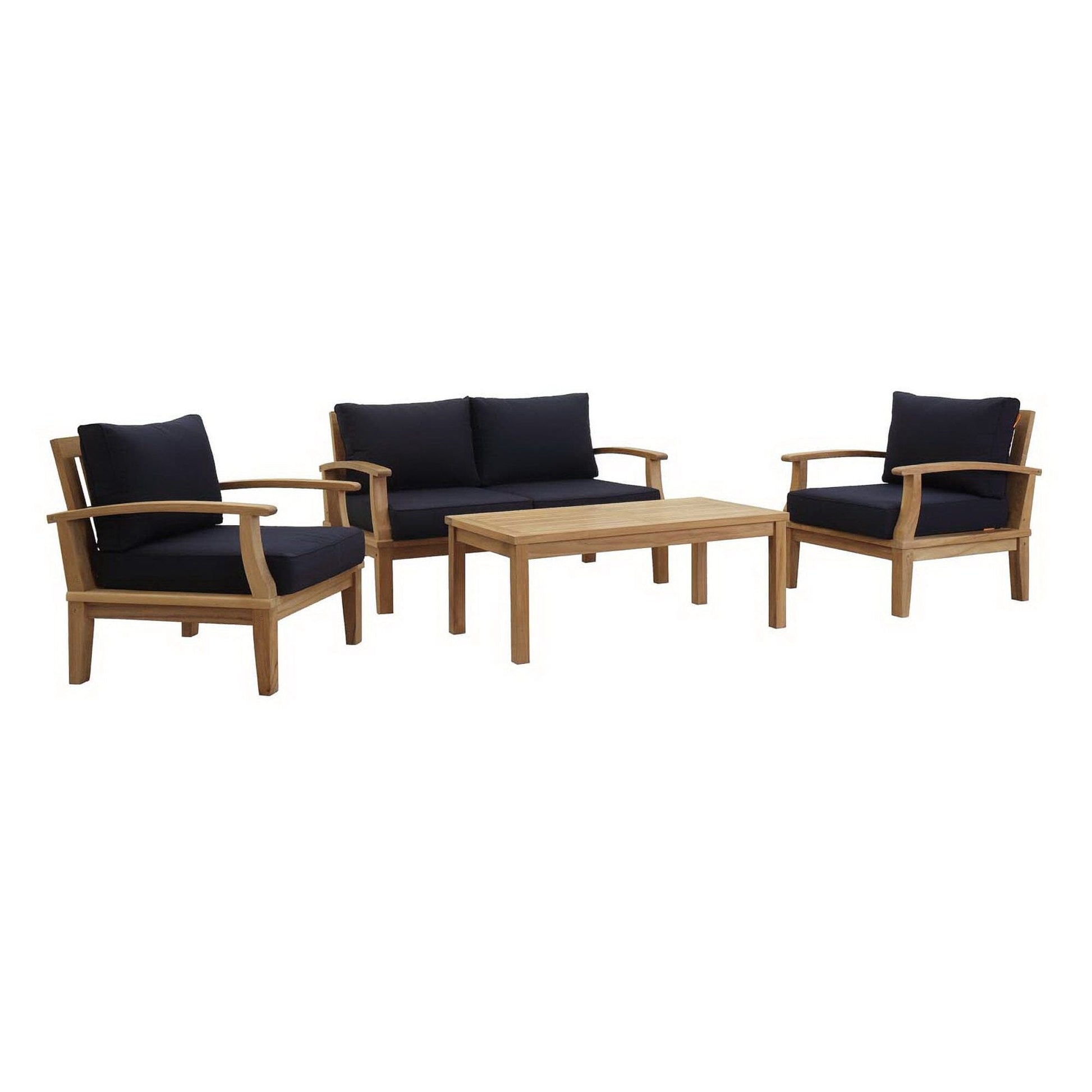 Marina 4 Piece Outdoor Patio Teak Conversation Set in Natural Navy by Modway Conversation Set Modway 