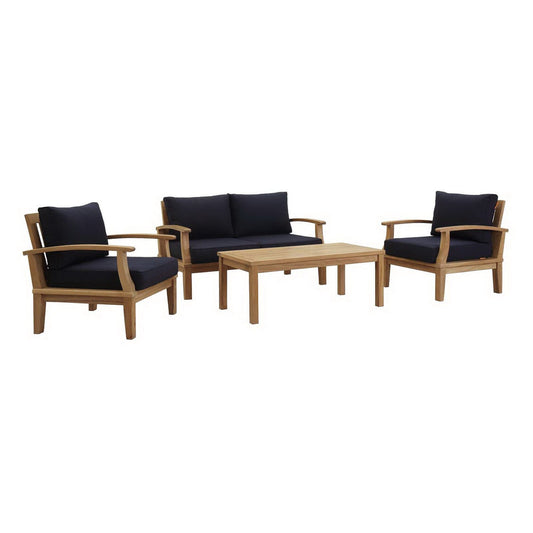 Marina 4 Piece Outdoor Patio Teak Conversation Set in Natural Navy by Modway Conversation Set Modway 