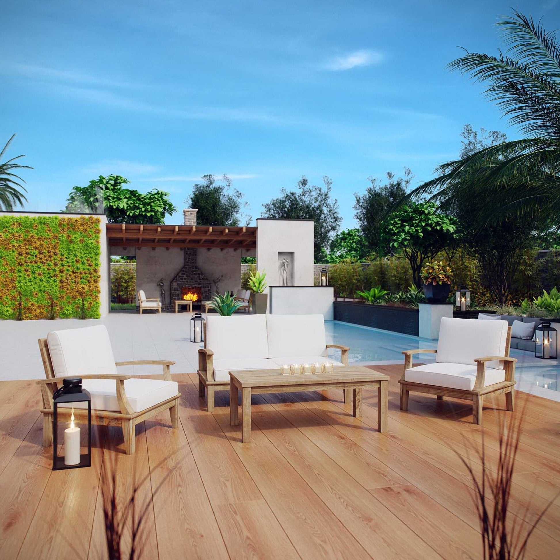 Marina 4 Piece Outdoor Patio Teak Conversation Set in Natural White by Modway Conversation Set Modway 