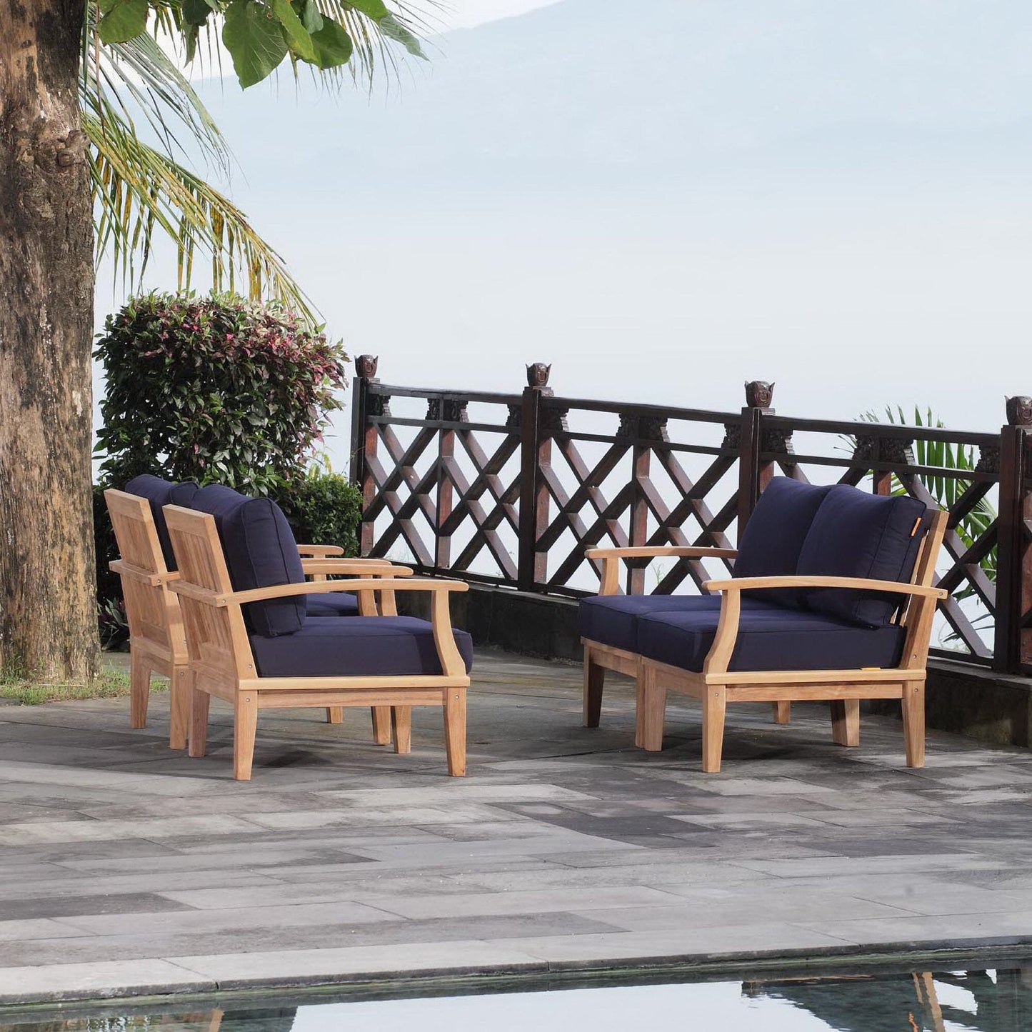 Marina 4 Piece Outdoor Patio Teak Furniture Set in Natural Navy by Modway (1818) Conversation Set Modway 