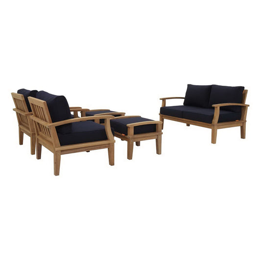 Marina 5 Piece Outdoor Patio Teak Furniture Set in Natural Navy by Modway Conversation Set Modway 