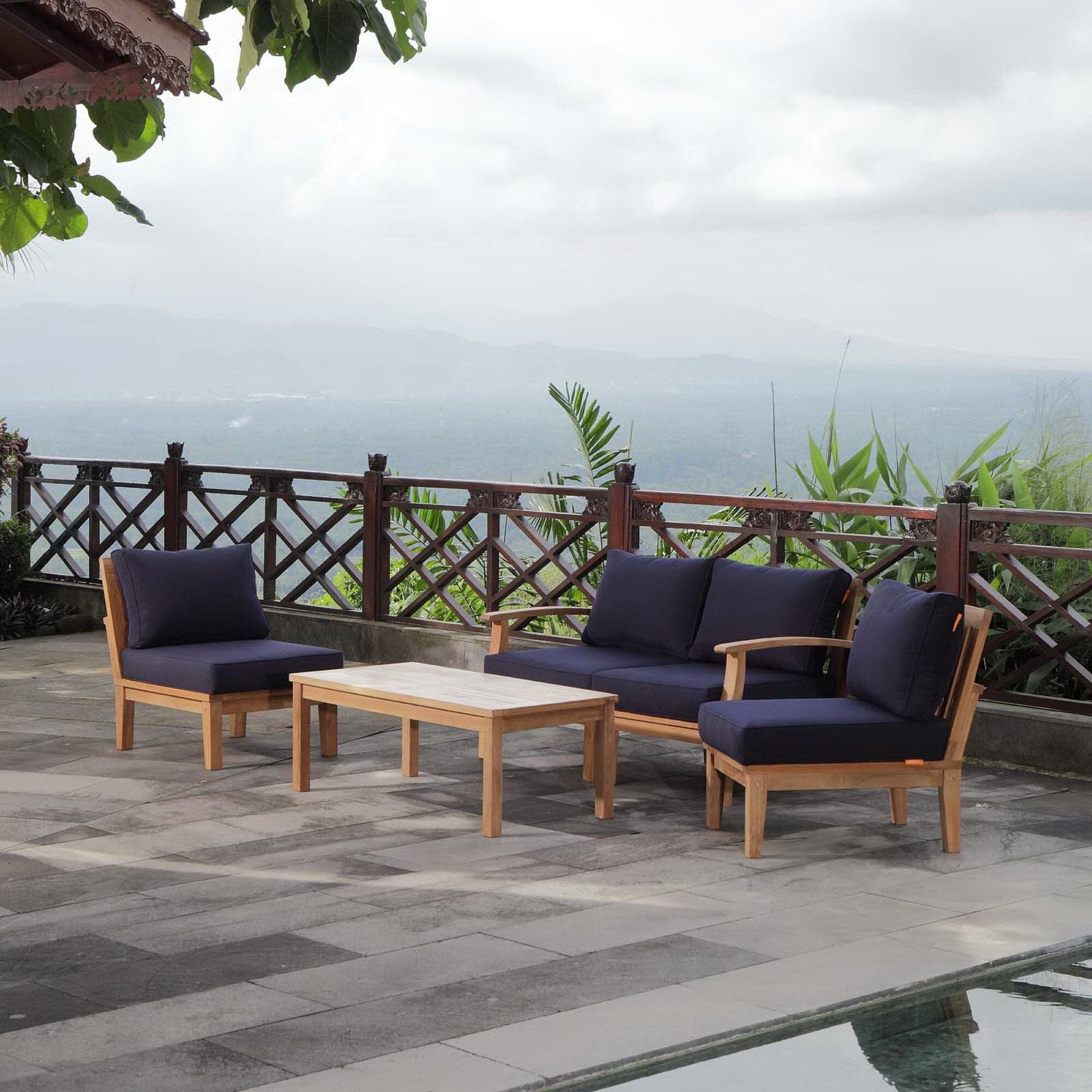 Marina 5 Piece Outdoor Patio Teak Sectional Sofa Set in Natural Navy by Modway Sectional Set Modway 
