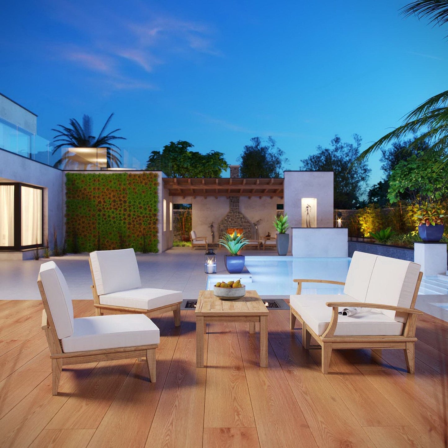 Marina 5 Piece Outdoor Patio Teak Sectional Sofa Set in Natural White by Modway Sectional Set Modway 