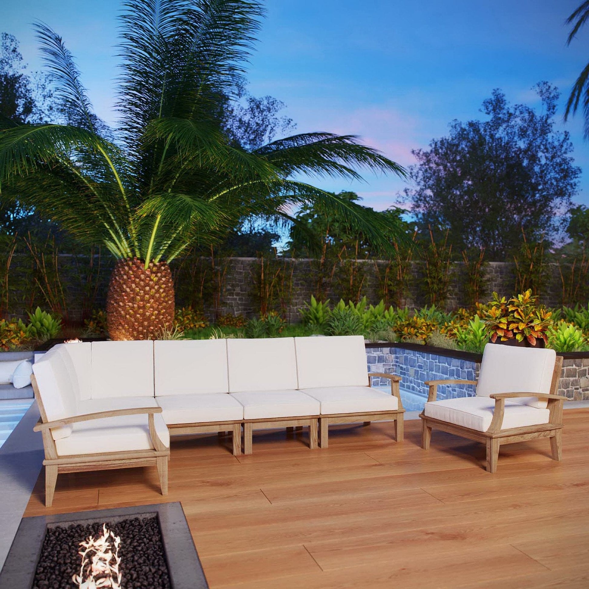 Marina 6 Piece Outdoor Patio Teak Seating Set in Natural White by Modway Conversation Set Modway 
