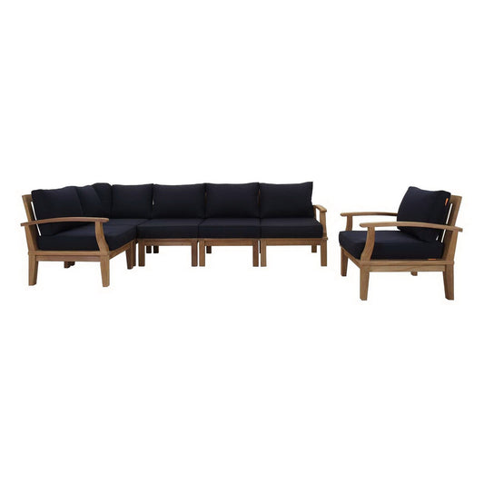 Marina 6 Piece Outdoor Patio Teak Set in Natural Navy by Modway Conversation Set Modway 