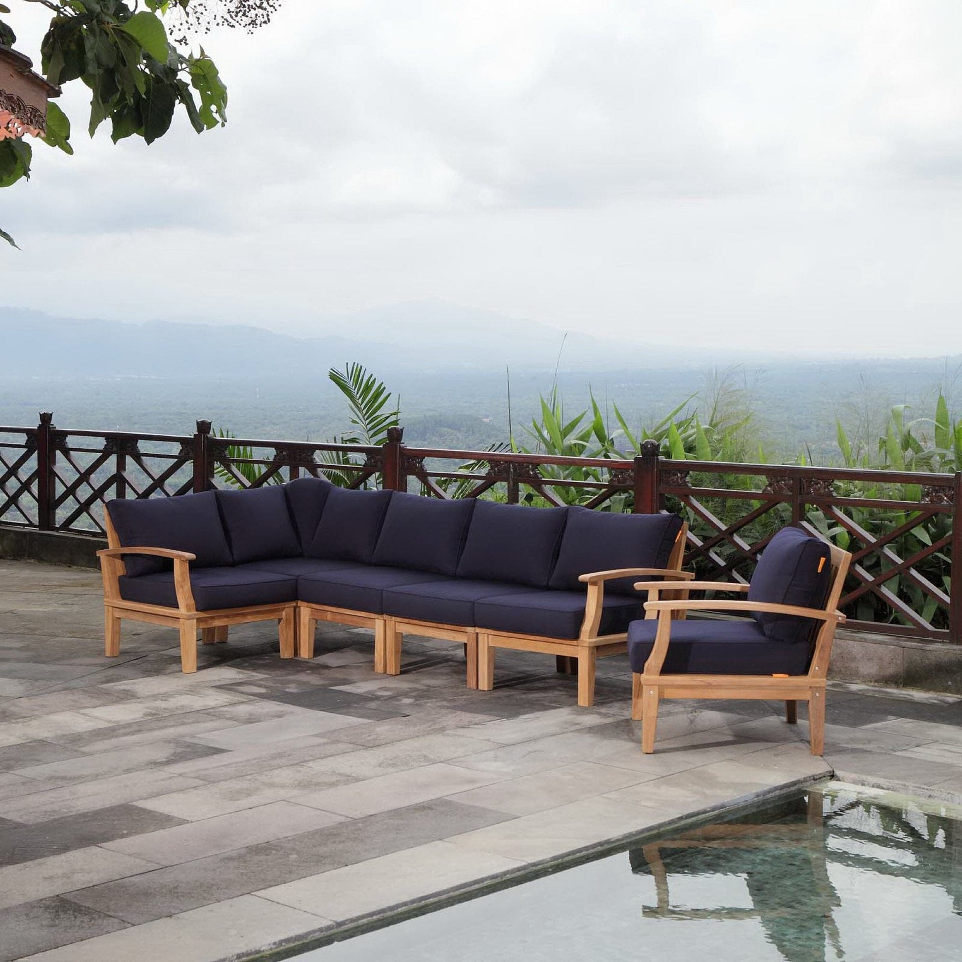 Marina 6 Piece Outdoor Patio Teak Set in Natural Navy by Modway Conversation Set Modway 