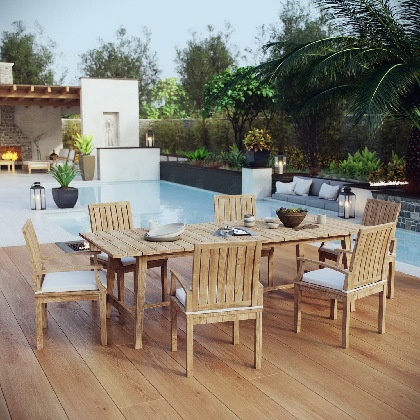 Marina 7 Piece Outdoor Patio Teak Dining Set in Natural White by Modway Dining Set Modway 