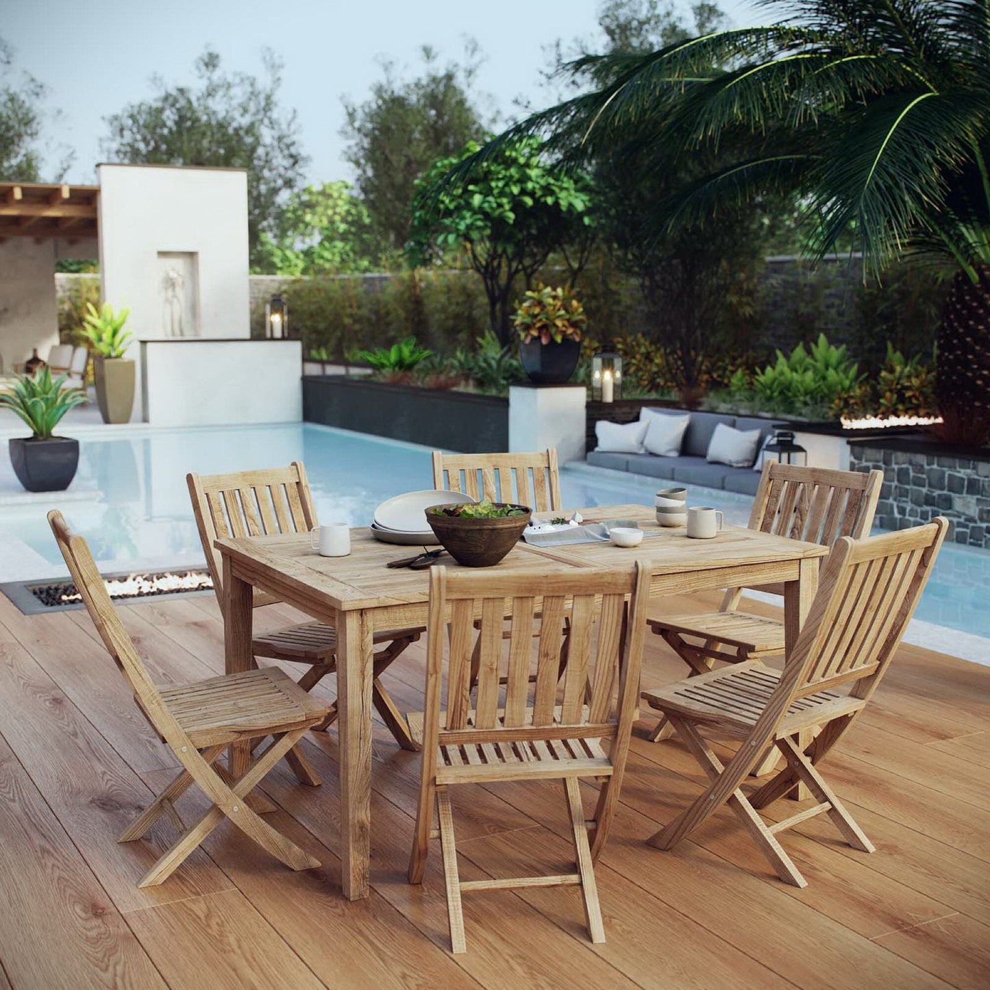 Marina 7 Piece Outdoor Patio Teak Dining Set with Folding Side Chairs by Modway Dining Set Modway 