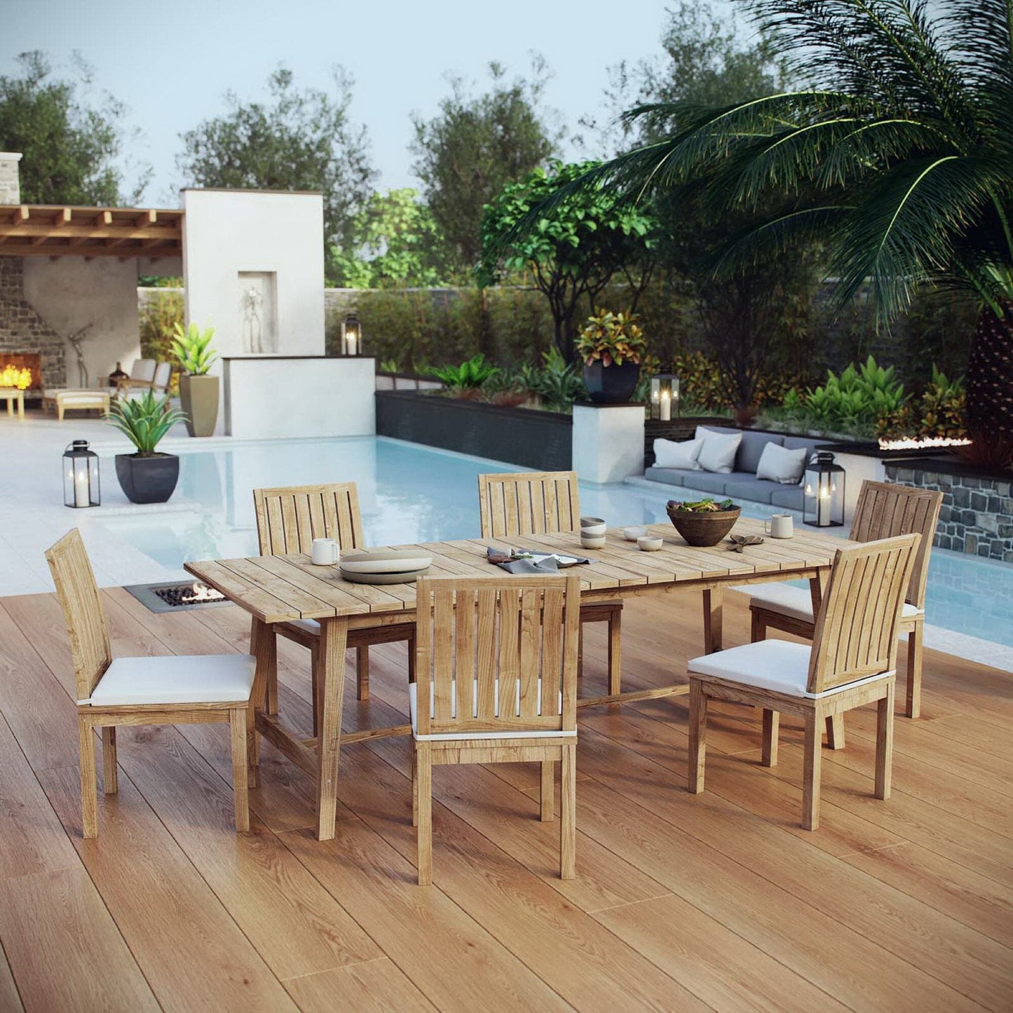 Marina 7 Piece Outdoor Patio Teak Dining Set with Side Chairs in Natural White by Modway Dining Set Modway 