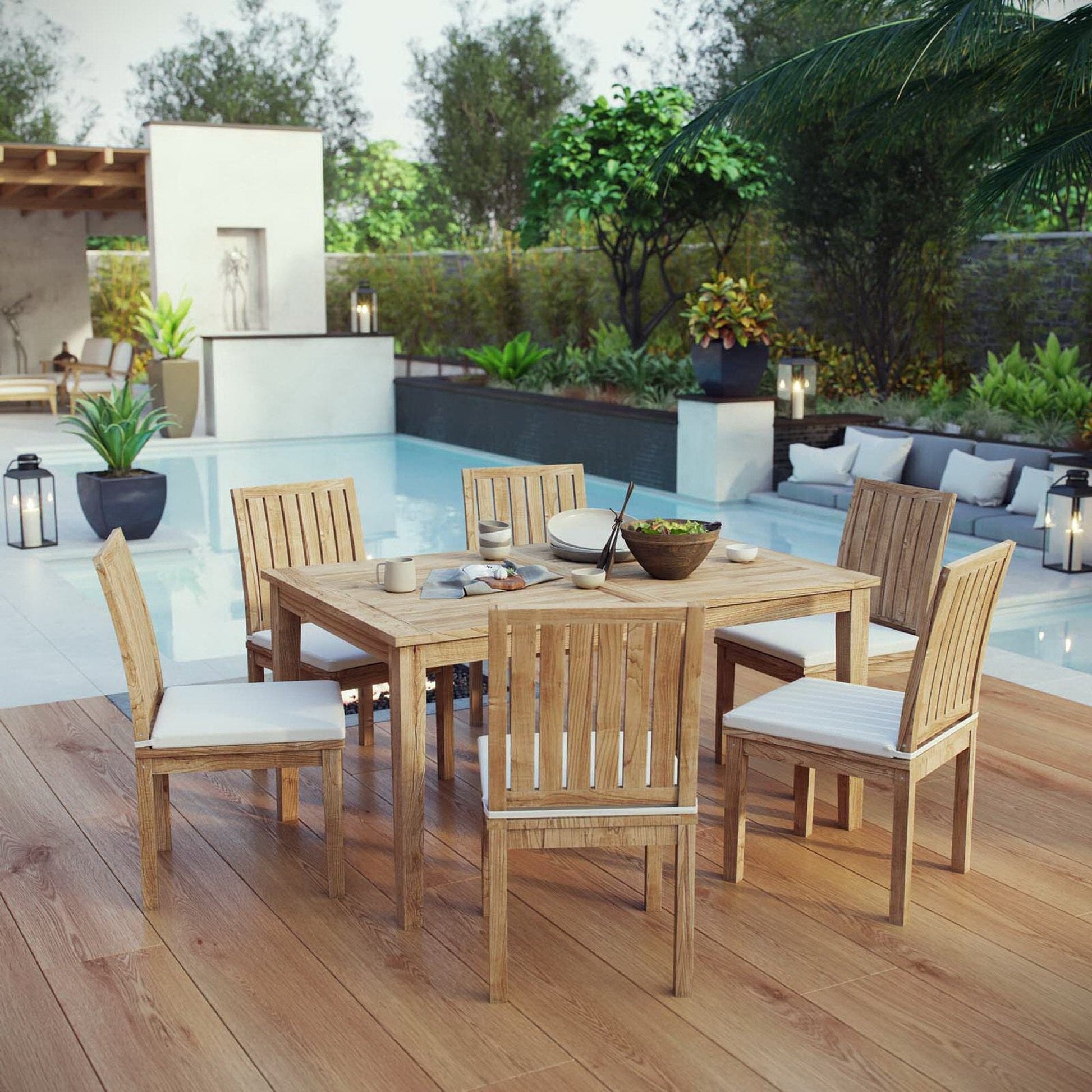 Marina 7 Piece Outdoor Patio Teak Dining Set with Side Chairs in Natural White by Modway Dining Set Modway 