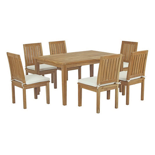 Marina 7 Piece Outdoor Patio Teak Dining Set with Side Chairs in Natural White by Modway Dining Set Modway 