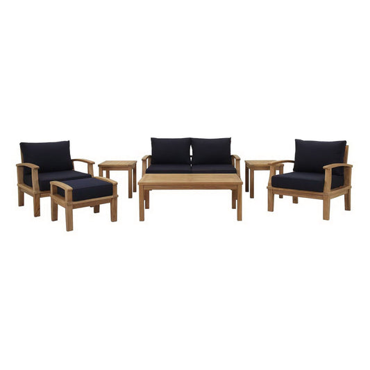 Marina 7 Piece Outdoor Patio Teak Furniture Set in Natural Navy by Modway Conversation Set Modway 