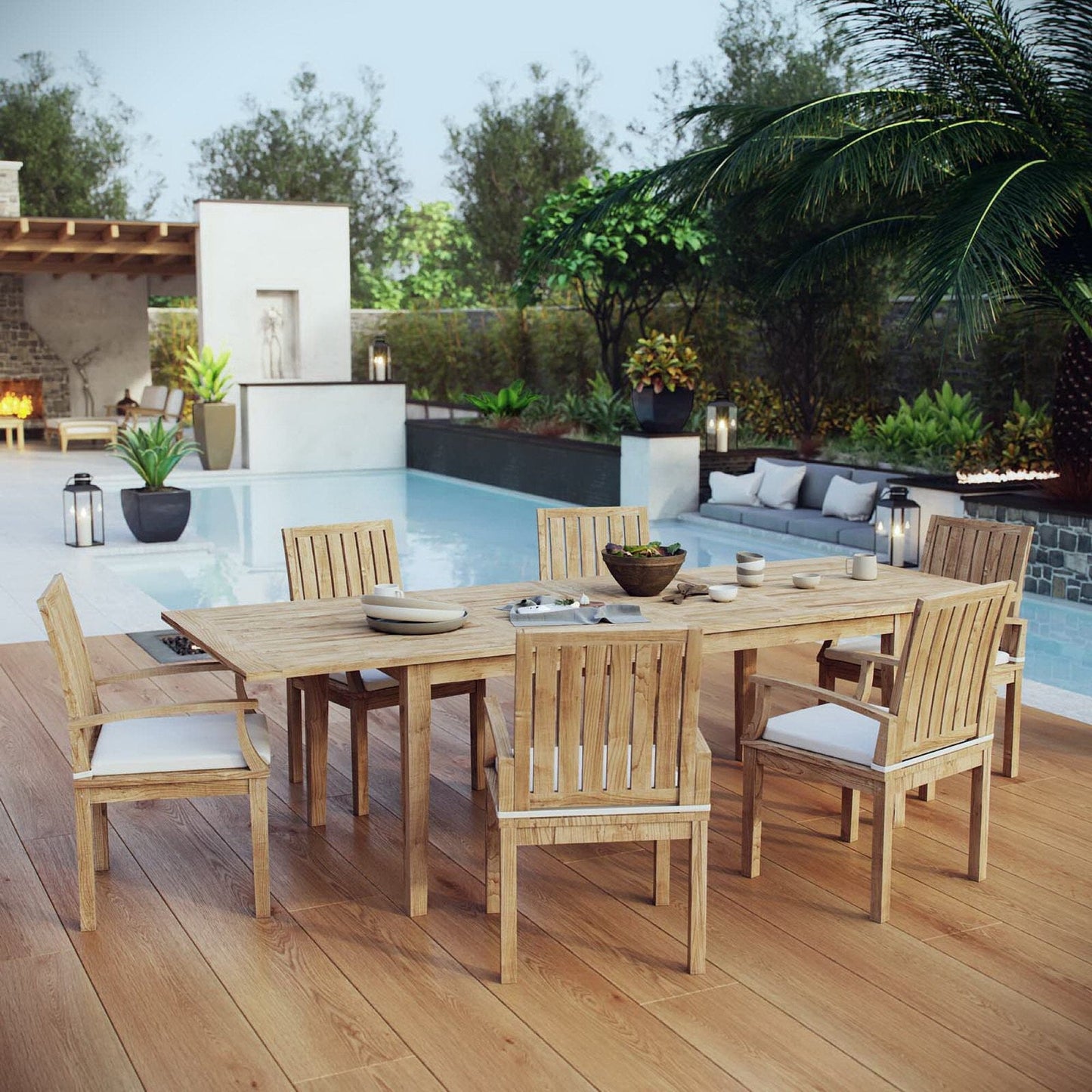 Marina 7 Piece Outdoor Patio Teak Furniture Set in Natural White by Modway (3279) Dining Set Modway 