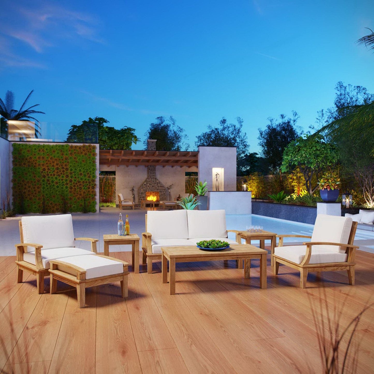 Marina 7 Piece Outdoor Patio Teak Furniture Set in Natural White by Modway Conversation Set Modway 