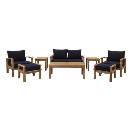 Marina 8 Piece Outdoor Patio Teak Conversation Set in Natural Navy by Modway Conversation Set Modway 