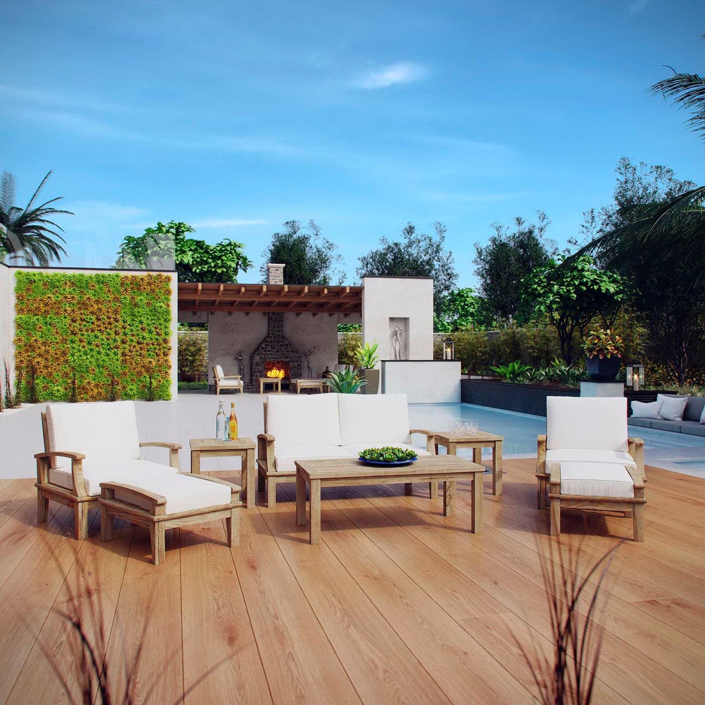 Marina 8 Piece Outdoor Patio Teak Conversation Set in Natural White by Modway Conversation Set Modway 