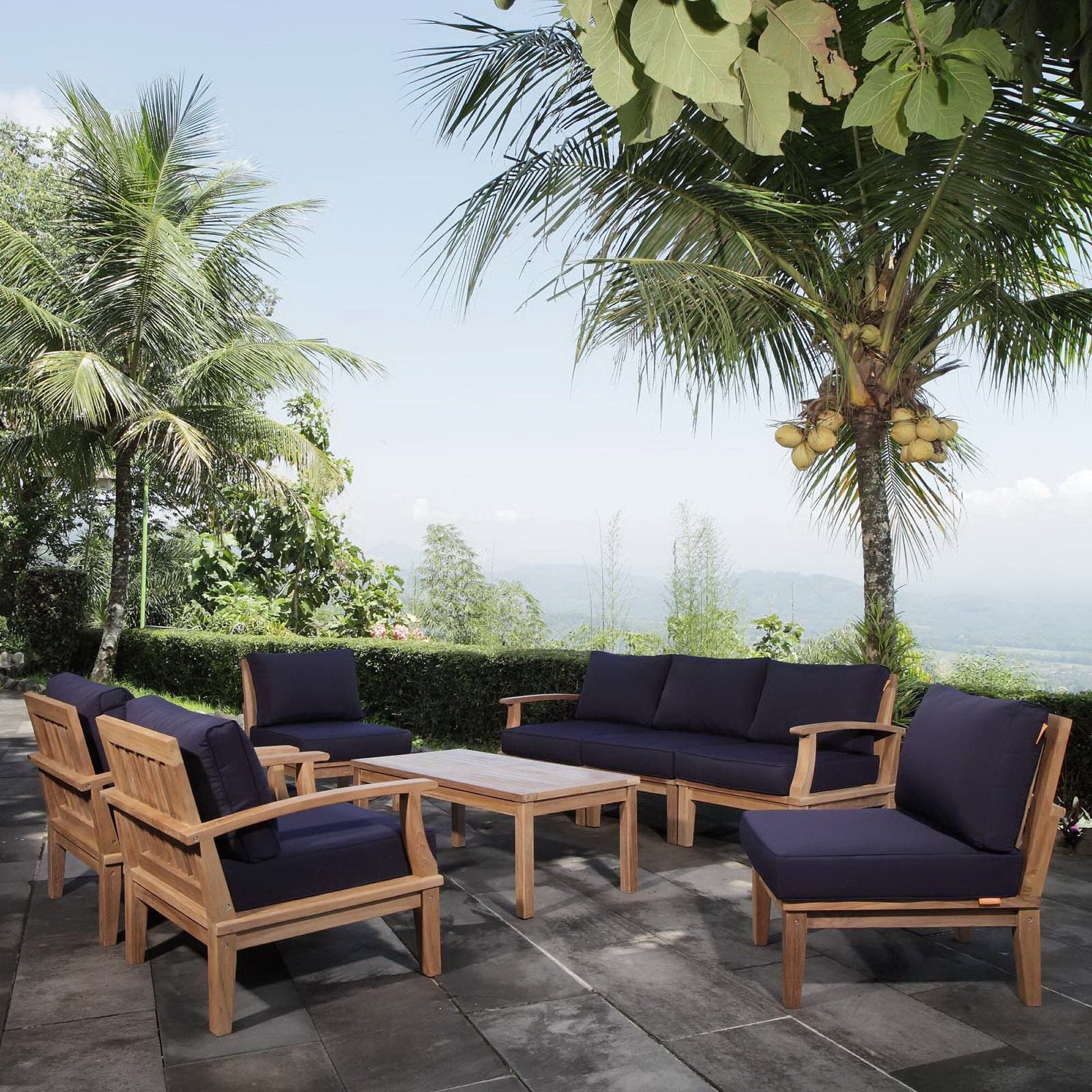 Marina 8 Piece Outdoor Patio Teak Set in Natural Navy by Modway Conversation Set Modway 