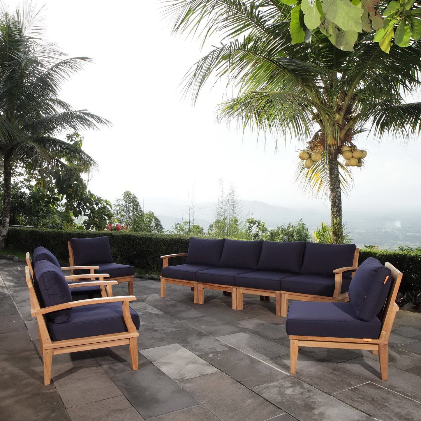 Marina 8 Piece Outdoor Patio Teak Set in Natural Navy by Modway Conversation Set Modway 