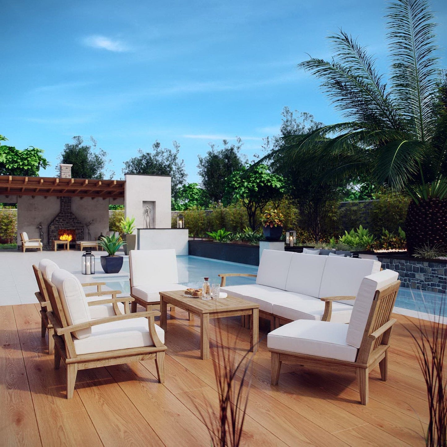 Marina 8 Piece Outdoor Patio Teak Set in Natural White by Modway Conversation Set Modway 