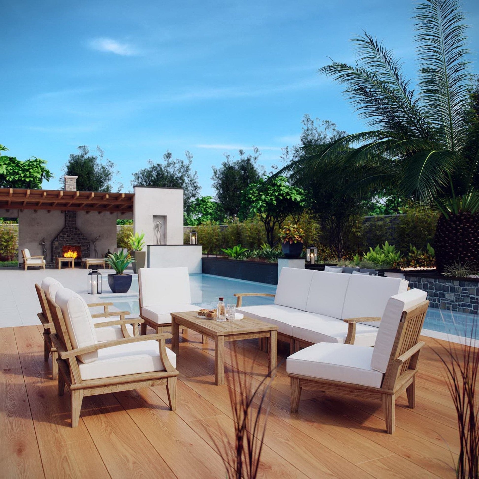 Marina 8 Piece Outdoor Patio Teak Set in Natural White by Modway Conversation Set Modway 