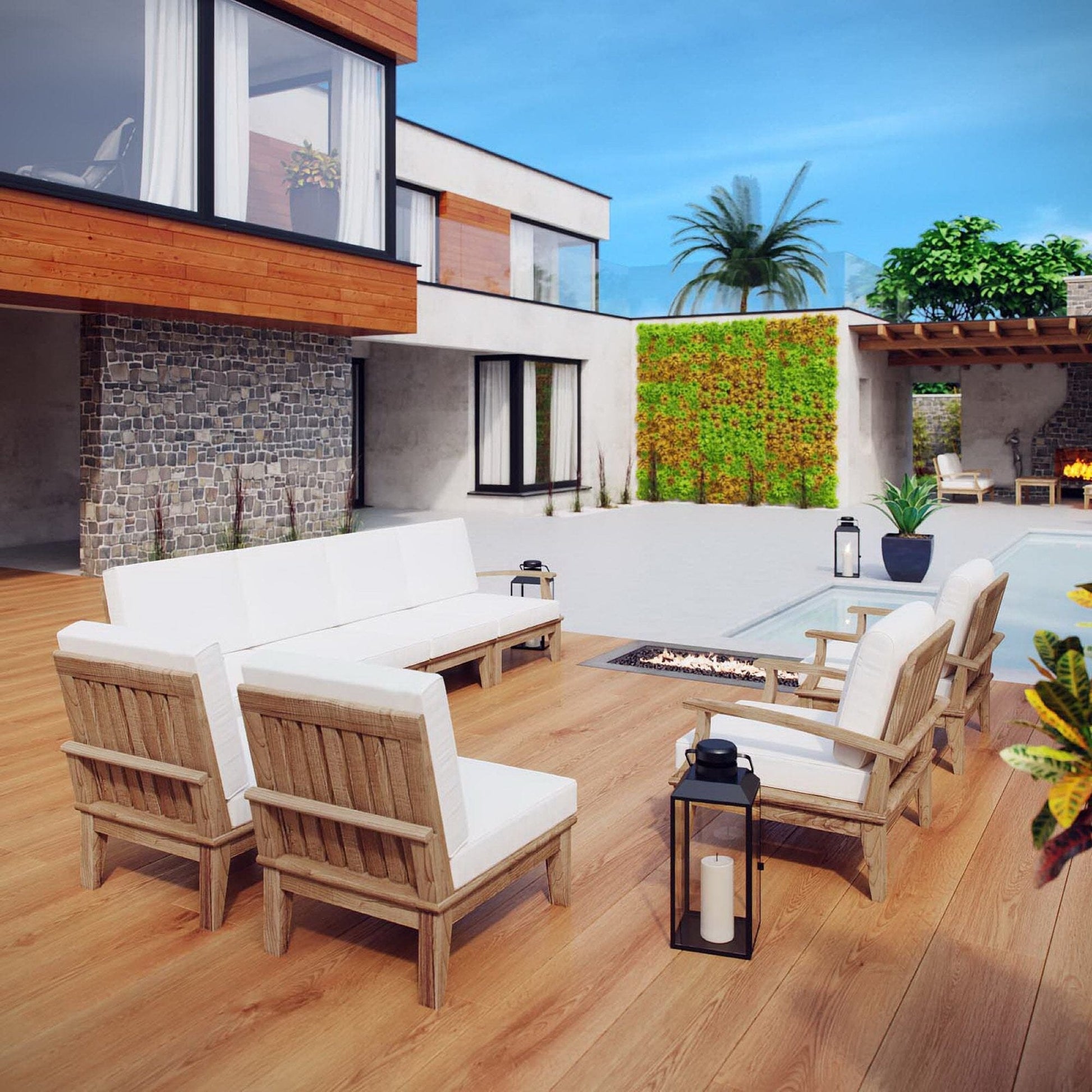 Marina 8 Piece Outdoor Patio Teak Set in Natural White by Modway Conversation Set Modway 