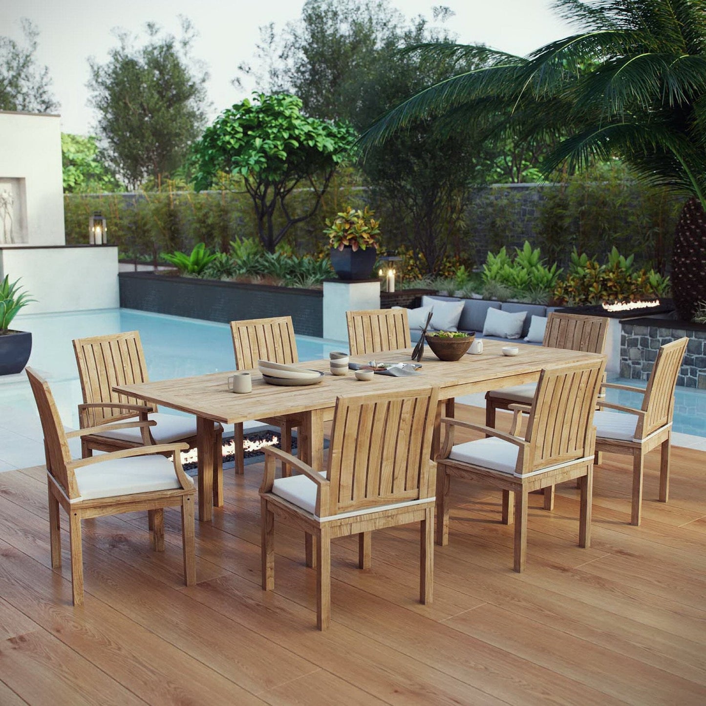 Marina 9 Piece Outdoor Patio Teak Dining Set in Natural White by Modway Dining Set Modway 