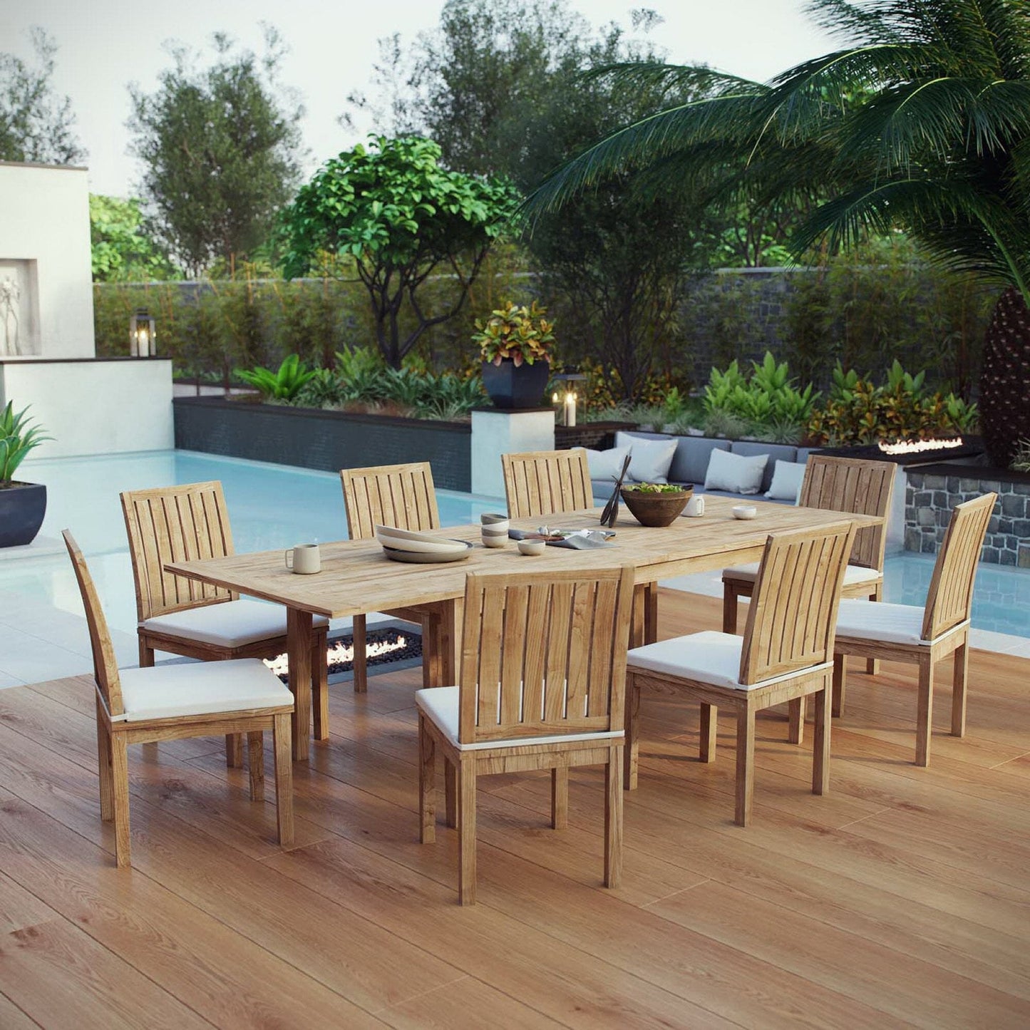 Marina 9 Piece Outdoor Patio Teak Dining Set with Extension Table in Natural White by Modway Dining Set Modway 