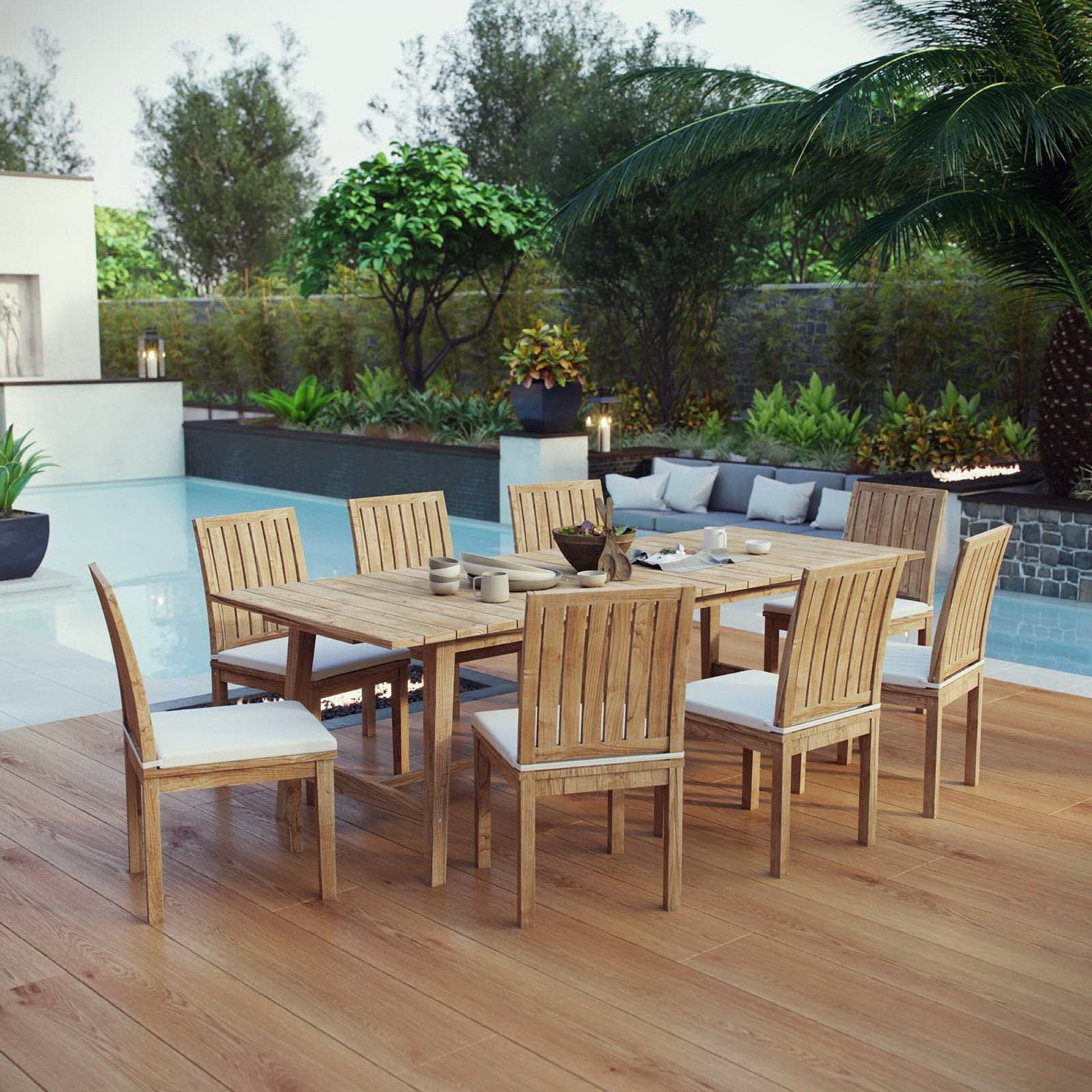 Marina 9 Piece Outdoor Patio Teak Dining Set with Side Chairs in Natural White by Modway Dining Set Modway 