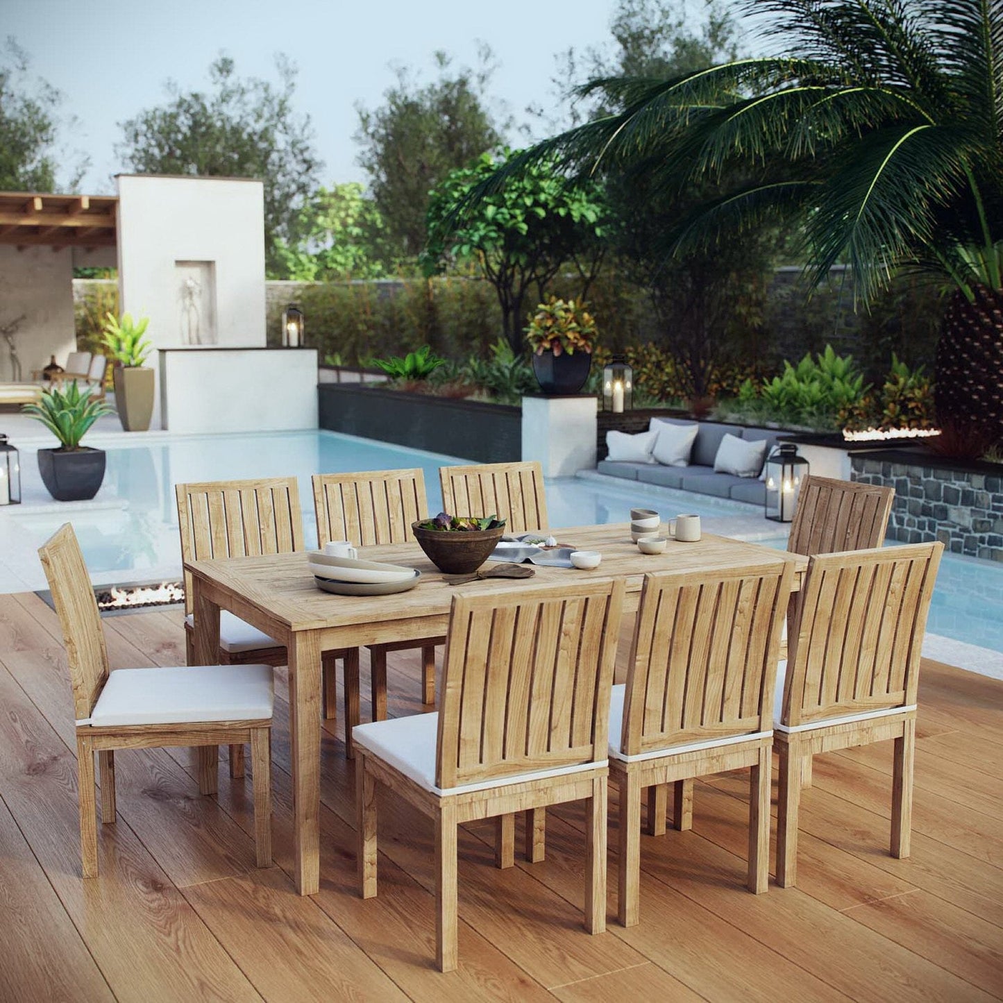 Marina 9 Piece Outdoor Patio Teak Dining Set with Side Chairs in Natural White by Modway Dining Set Modway 