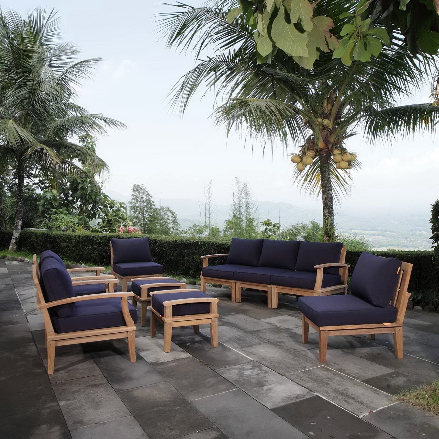 Marina 9 Piece Outdoor Patio Teak Set in Natural Navy by Modway Conversation Set Modway 