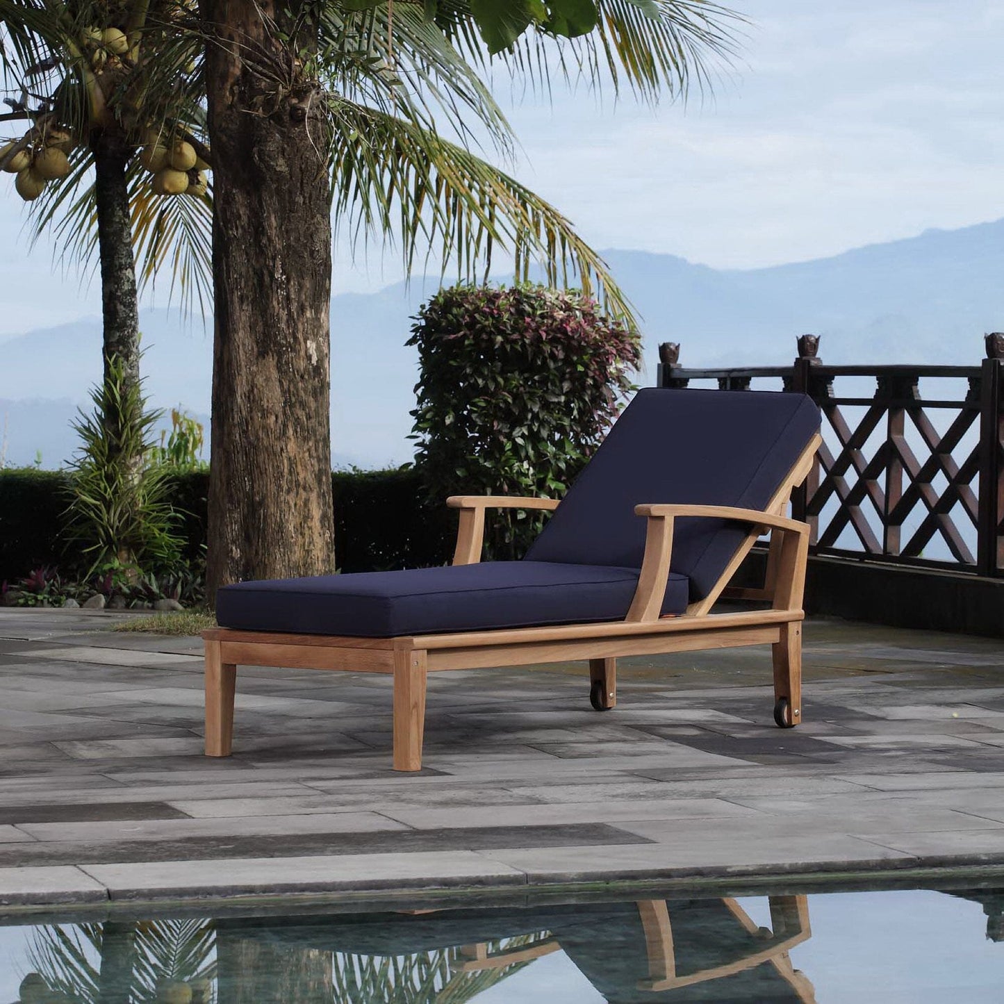 Marina Outdoor Patio Teak Chaise Lounge in Natural Navy by Modway (1151) Chaise Lounge Modway 