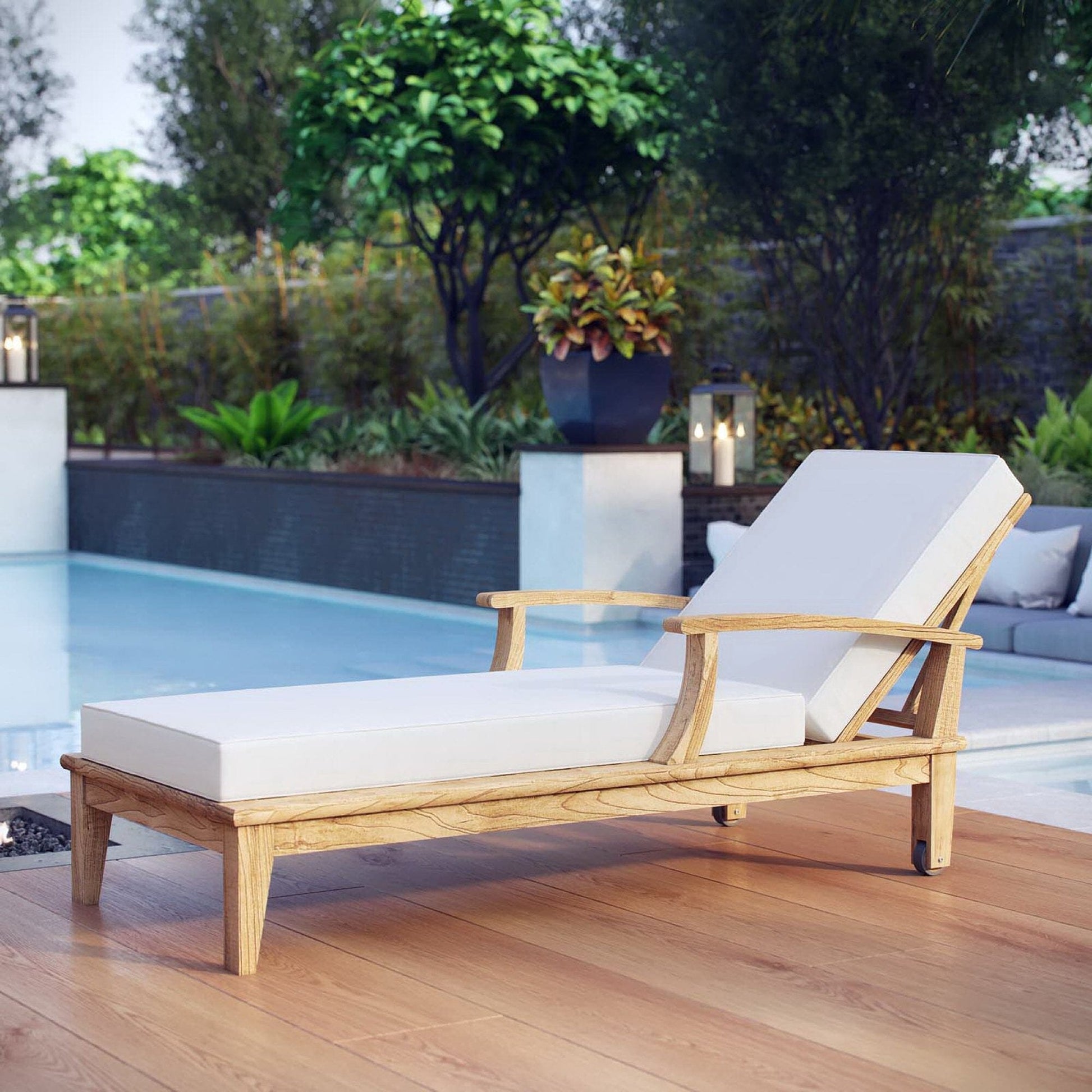Marina Outdoor Patio Teak Chaise Lounge in Natural White by Modway (1151) Chaise Lounge Modway 