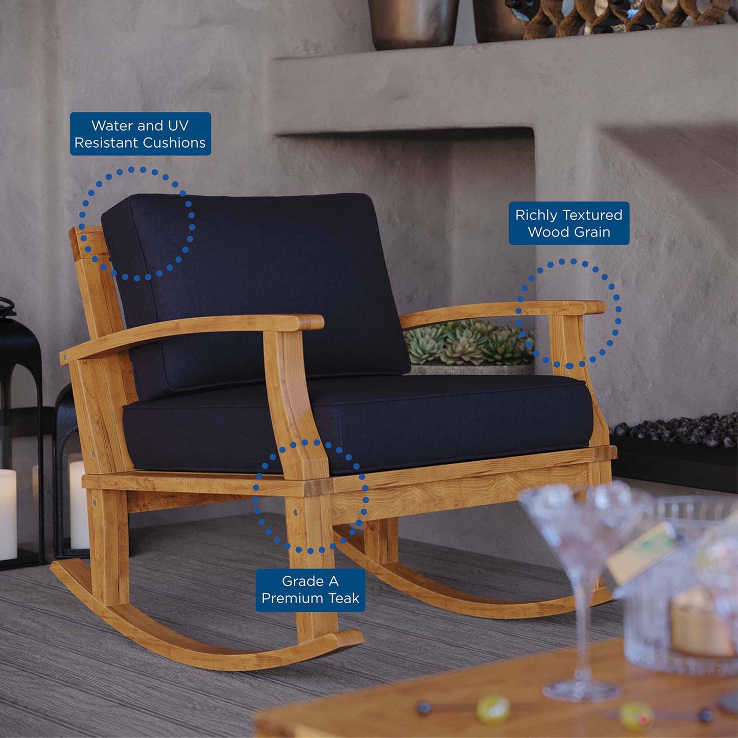 Marina Outdoor Patio Teak Rocking Chair in Natural Navy by Modway Rocking Chair Modway 