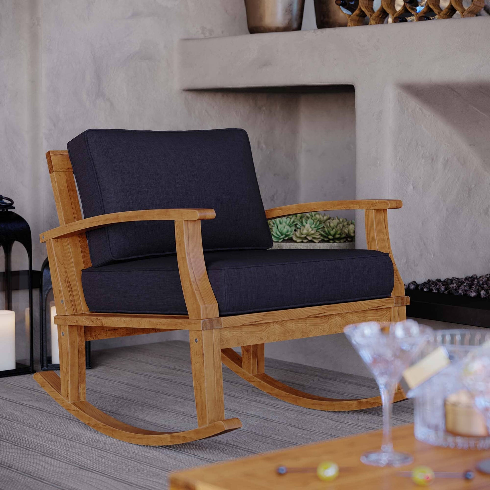 Marina Outdoor Patio Teak Rocking Chair in Natural Navy by Modway Rocking Chair Modway 