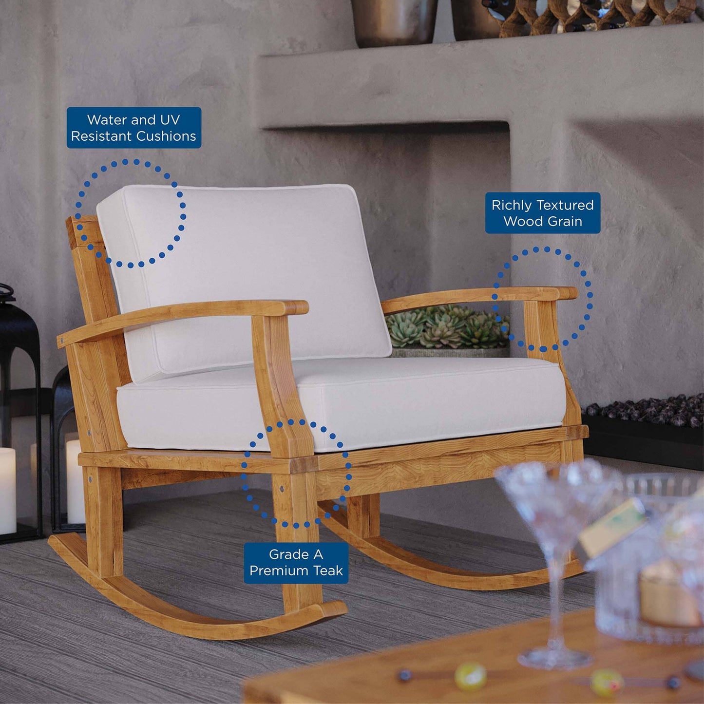 Marina Outdoor Patio Teak Rocking Chair in Natural White by Modway Rocking Chair Modway 
