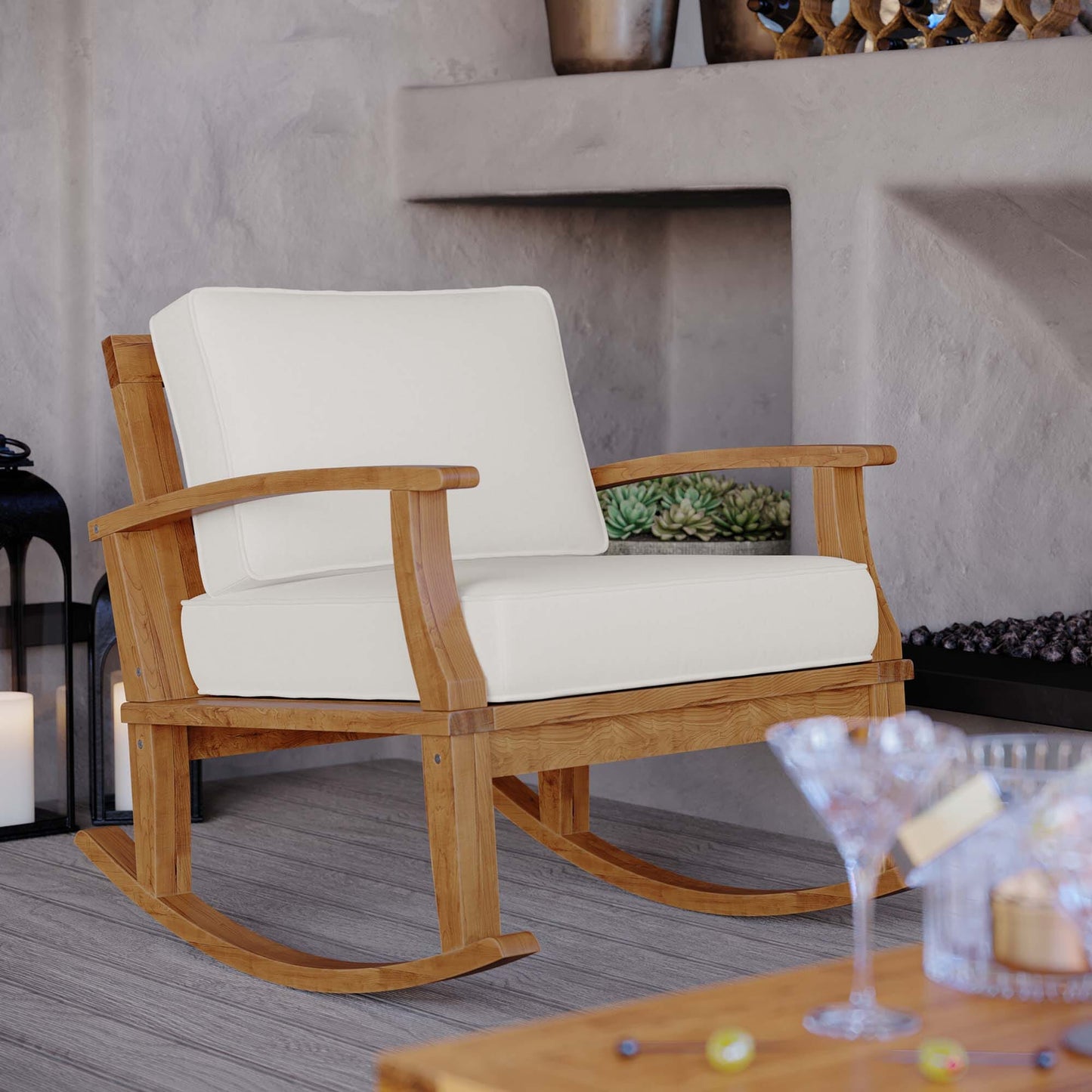 Marina Outdoor Patio Teak Rocking Chair in Natural White by Modway Rocking Chair Modway 