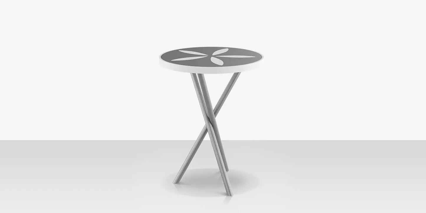 Organic Sand Dollar 18" Diameter Side Table - Kessler Silver Frame - Light Gray Duraboard Top - White Duraboard Petals by DecoScape (2039-322-KES-DBGRY-DBWHT)