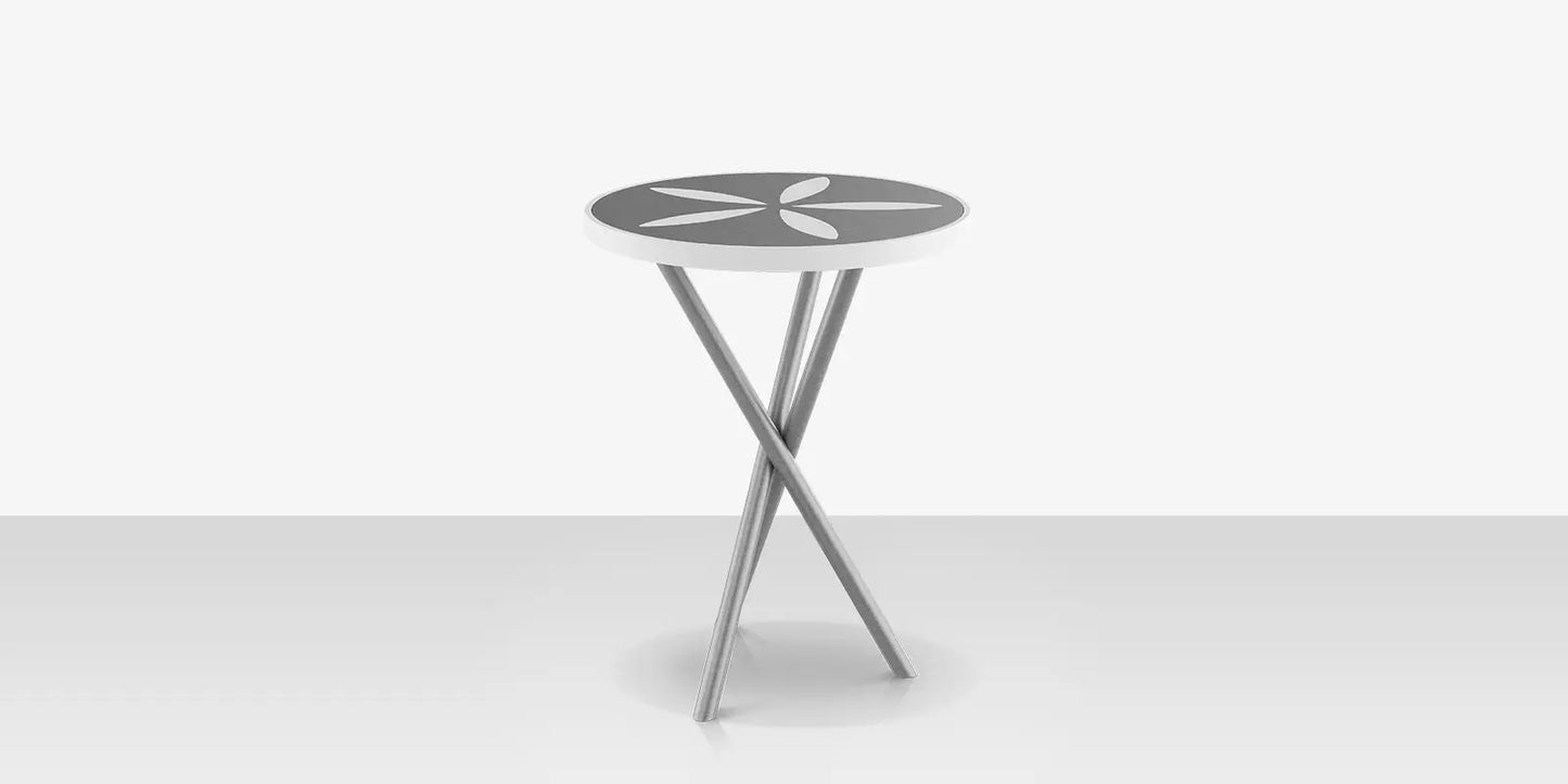 Organic Sand Dollar 18" Diameter Side Table - Kessler Silver Frame - Light Gray Duraboard Top - White Duraboard Petals by DecoScape (2039-322-KES-DBGRY-DBWHT)