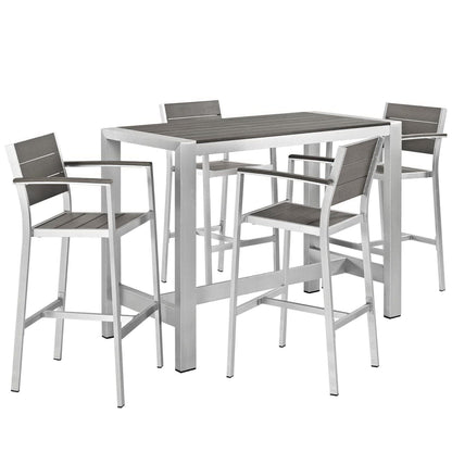 Shore 5 Piece Outdoor Patio Aluminum Bar Set in Silver Gray by Modway Bar Set Modway 